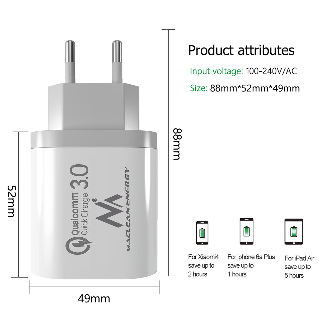 Maclean Energy MCE479 W oplader - wit Qualcomm Quick Charge QC 3.0 - 3.6-6VV / 3A, 6-9V / 2A, 9-12V / 1.5A en 2 stopcontacten 5V / 2.1A Wit