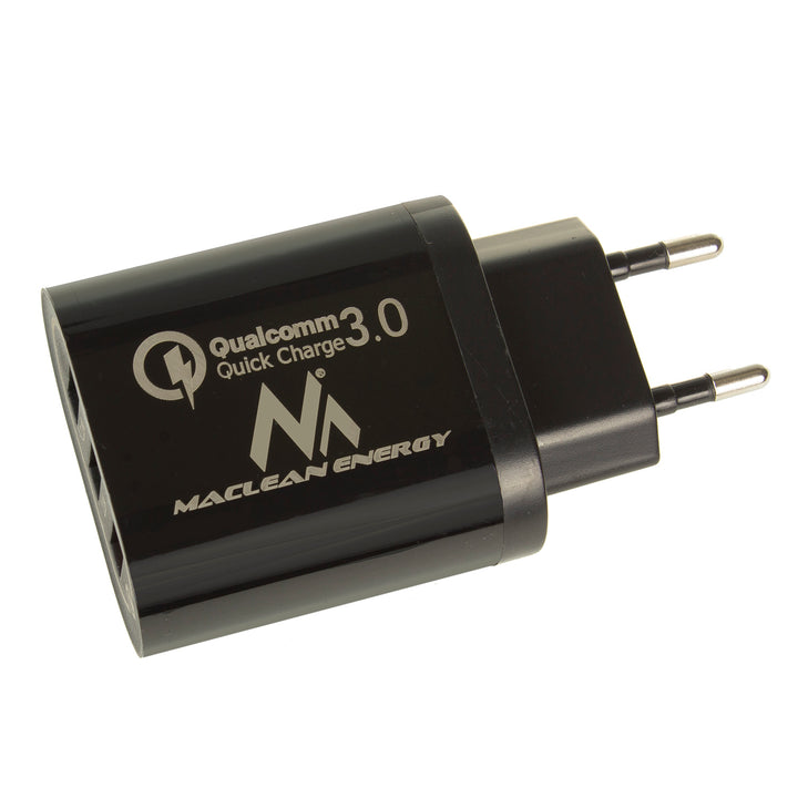 Maclean Energy MCE479 B oplader - zwart Qualcomm Quick Charge QC 3.0 - 3.6-6VV / 3A, 6-9V / 2A, 9-12V / 1.5A en 2 stopcontacten 5V / 2.1A Zwart