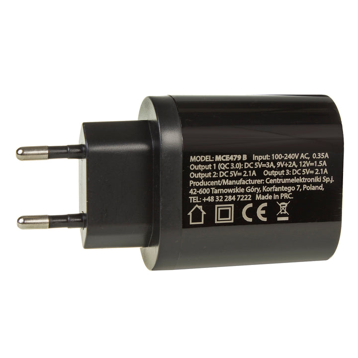 Maclean Energy MCE479 B oplader - zwart Qualcomm Quick Charge QC 3.0 - 3.6-6VV / 3A, 6-9V / 2A, 9-12V / 1.5A en 2 stopcontacten 5V / 2.1A Zwart