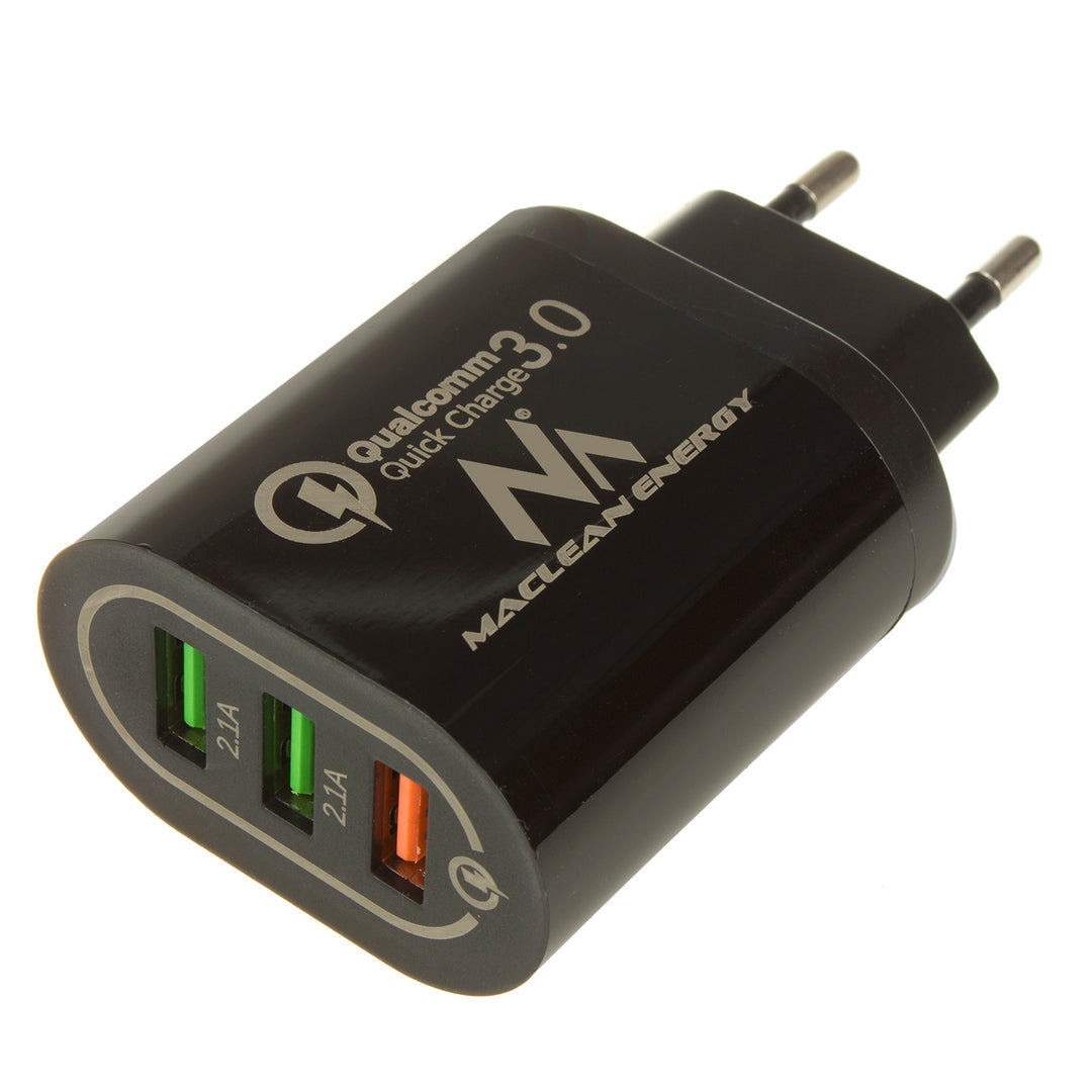 Maclean Energy MCE479 B oplader - zwart Qualcomm Quick Charge QC 3.0 - 3.6-6VV / 3A, 6-9V / 2A, 9-12V / 1.5A en 2 stopcontacten 5V / 2.1A Zwart