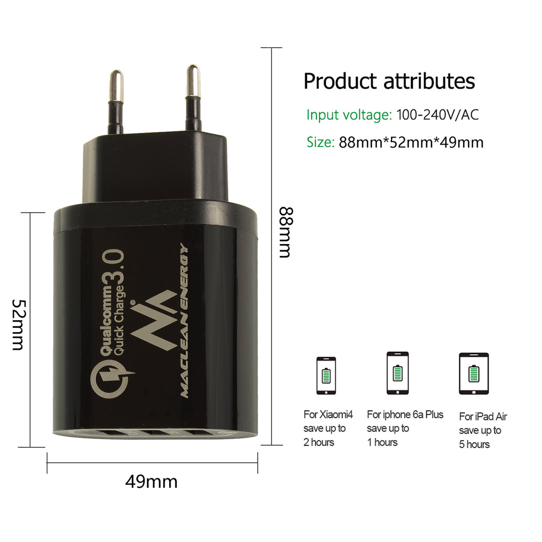 Maclean Energy MCE479 B oplader - zwart Qualcomm Quick Charge QC 3.0 - 3.6-6VV / 3A, 6-9V / 2A, 9-12V / 1.5A en 2 stopcontacten 5V / 2.1A Zwart