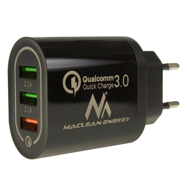 Maclean Energy MCE479 B oplader - zwart Qualcomm Quick Charge QC 3.0 - 3.6-6VV / 3A, 6-9V / 2A, 9-12V / 1.5A en 2 stopcontacten 5V / 2.1A Zwart