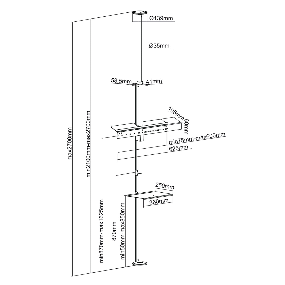 Telescopische tv-houder, plafond en vloer met plank Maclean MC-791N 37 "-70", max. 30 kg