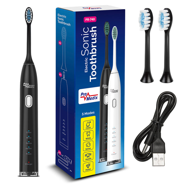 Maclean PR-740B Brosse à dents électrique avec étui de voyage – 5 modes, 2 têtes de brosse, minuterie/chargement USB – Noir