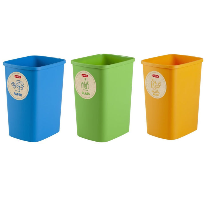 CURVER Eco Friendly 3-delige set afvalscheidingssysteem vuilnisemmer afvalscheiding papier glas en kunststof recyclingemmer van kunststof (3 x 9 L)