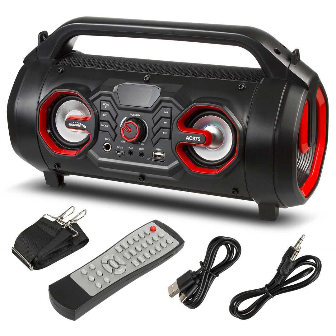 Audiocore AC875 Bazooka Enceinte Bluetooth portable Boombox 30W (20W+5Wx2) IPX4 Résistant aux éclaboussures / Radio / microSD / Aux-In / USB / Éclairage / Port microphone / Télécommande