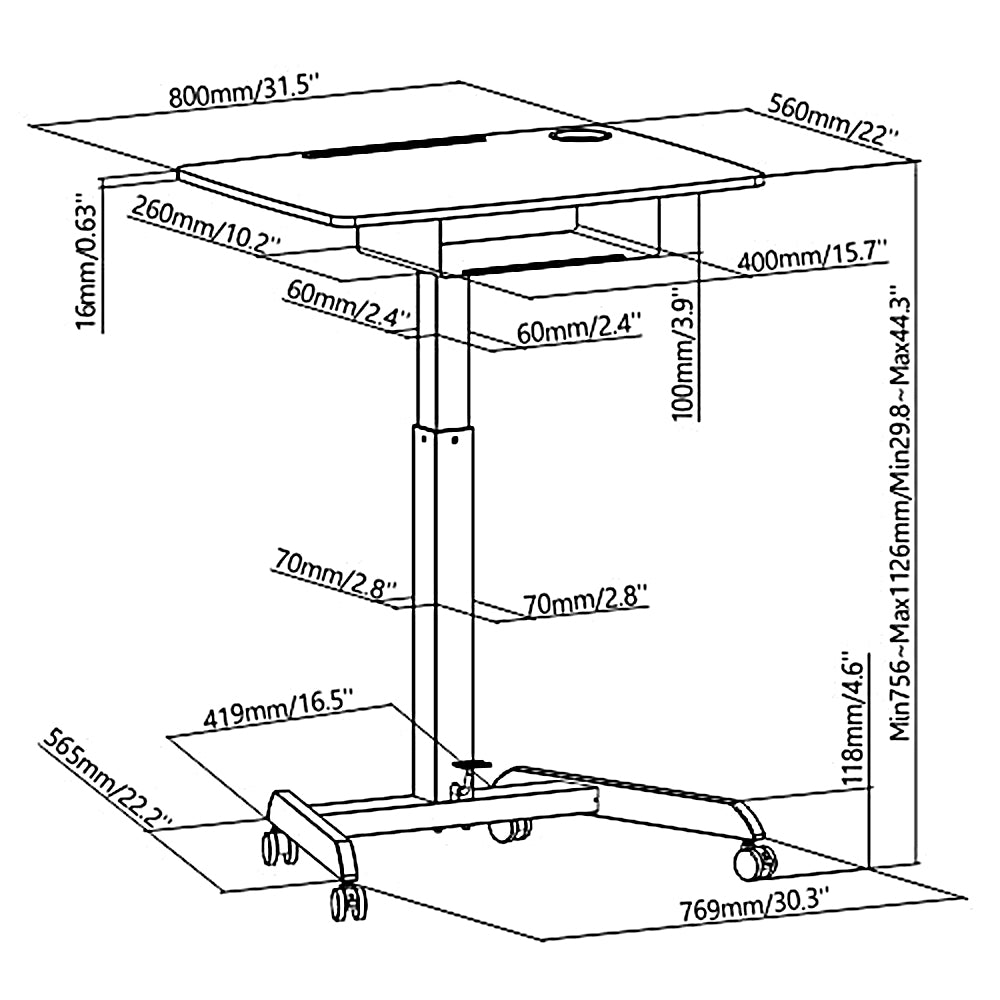 Maclean - In hoogte verstelbaar laptop bureau met wieltjes en een lade zit-sta bureau -  hoogte verstelbaar tot max. 113cm max. 8kg (Zwart)