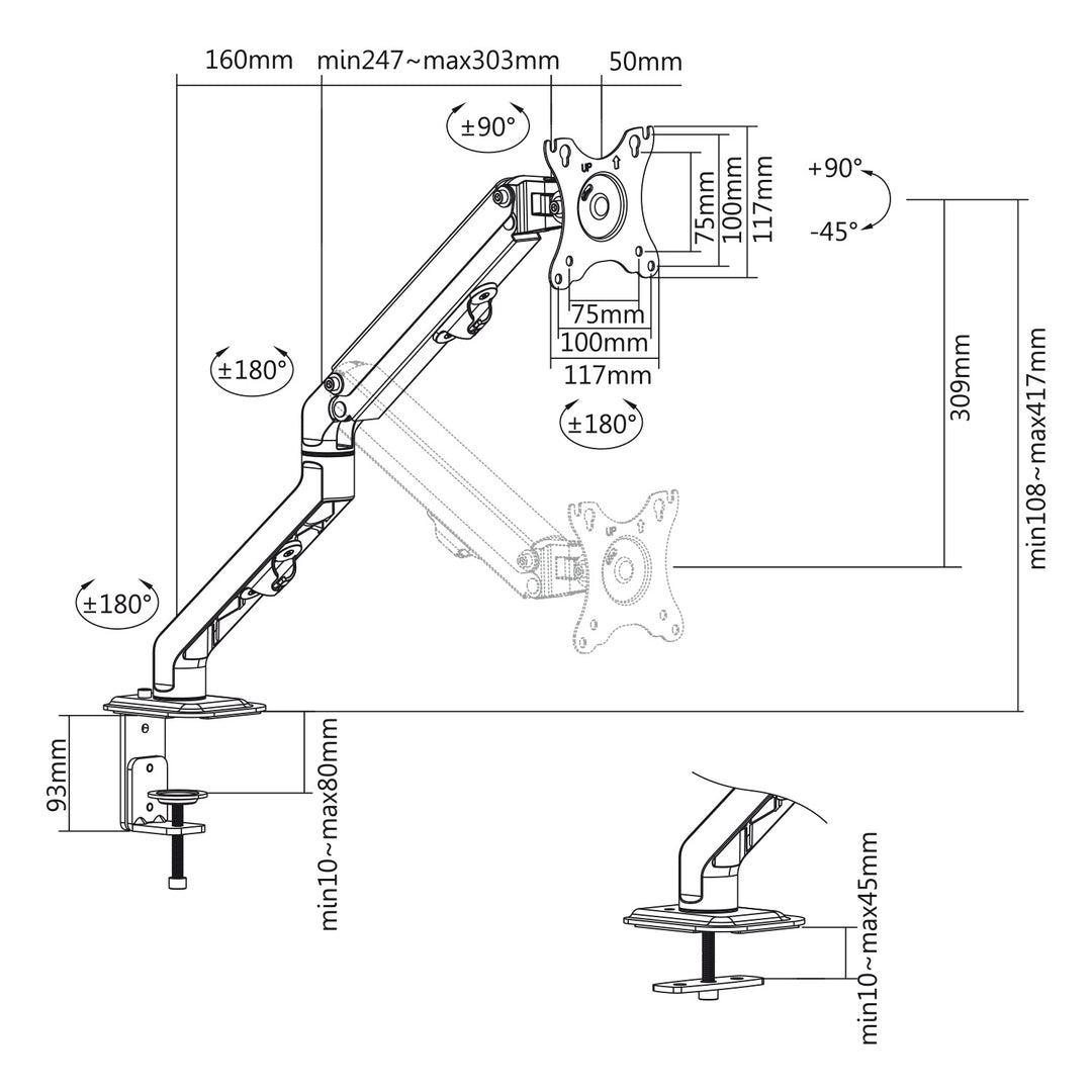 Maclean - 1-compartiment monitorhouder met gasveer 17"-27" Monitor bureauhouder - VESA 75x75 100x100 / 2-7kg