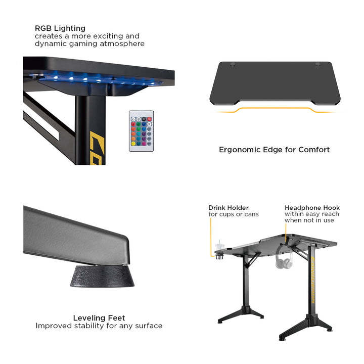 NanoRS - Bureau de jeu 100kg max | 750 mm de haut | Rétroéclairage LED RVB - Noir et Rouge