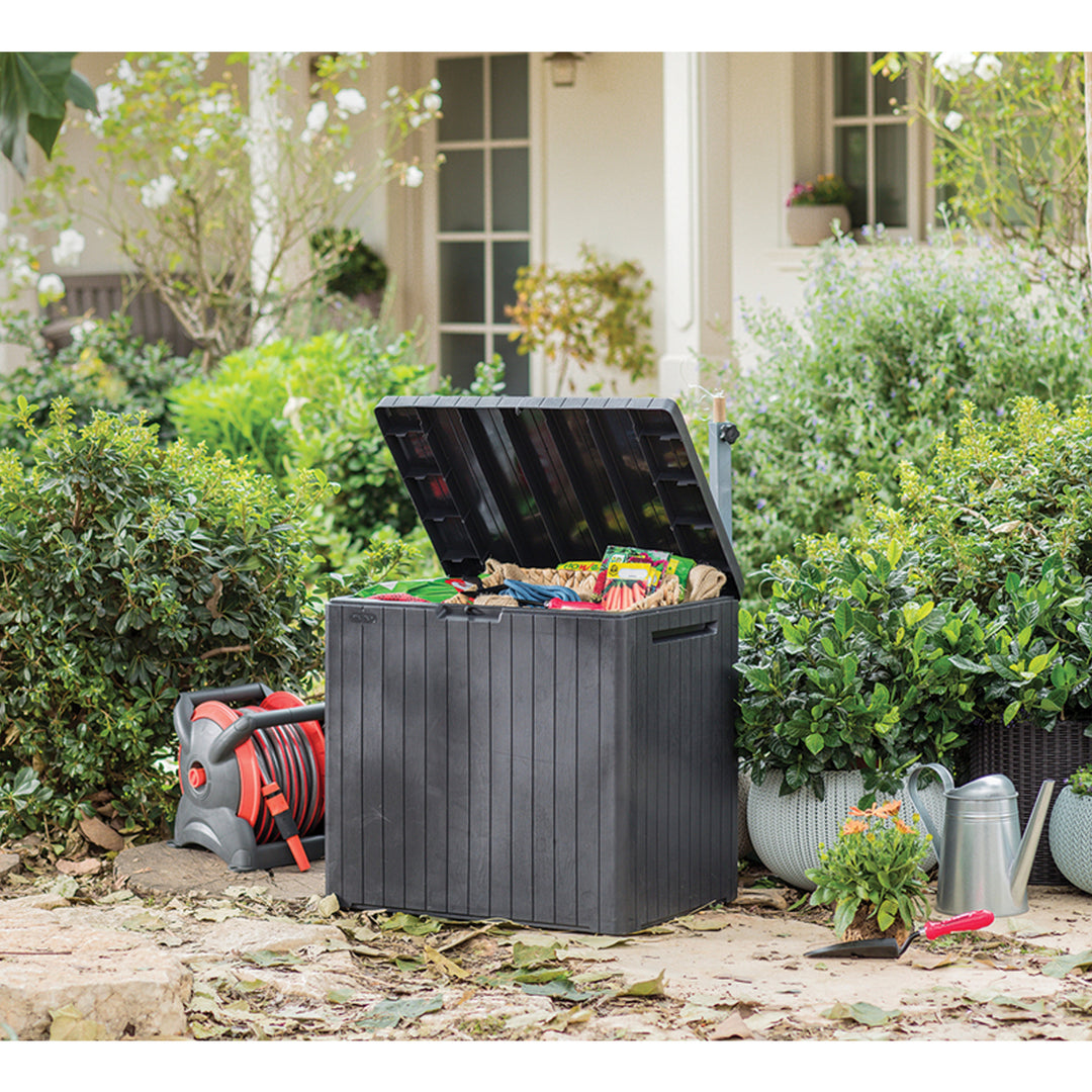 Keter City Storage Box Opbergkist Tuinkist Kussenkist met deksel Bestand tegen lage temperaturen en UV straling 113L Bruin