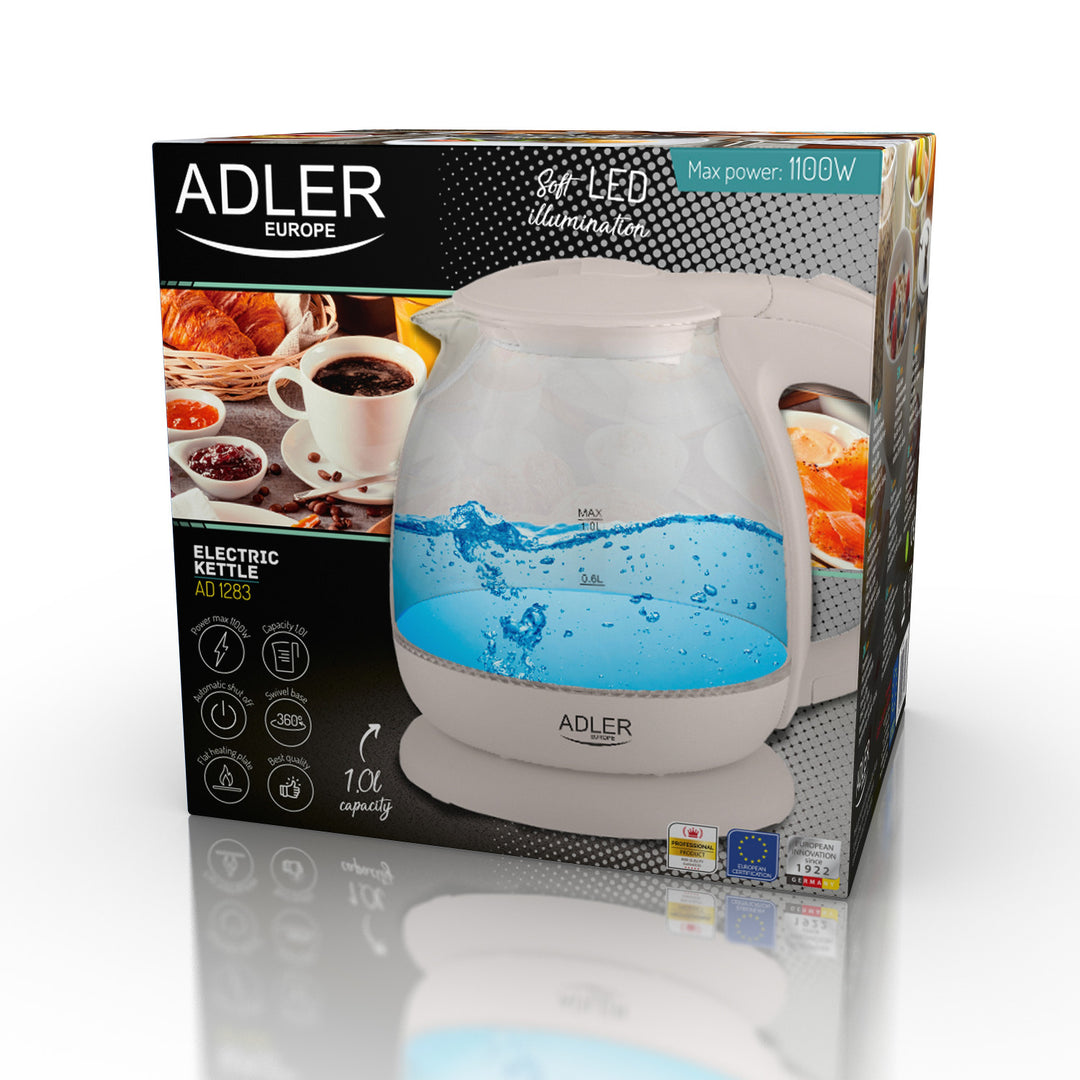 Adler AD 1283C Glazen waterkoker 1,0L draaibare voet, platte bodem