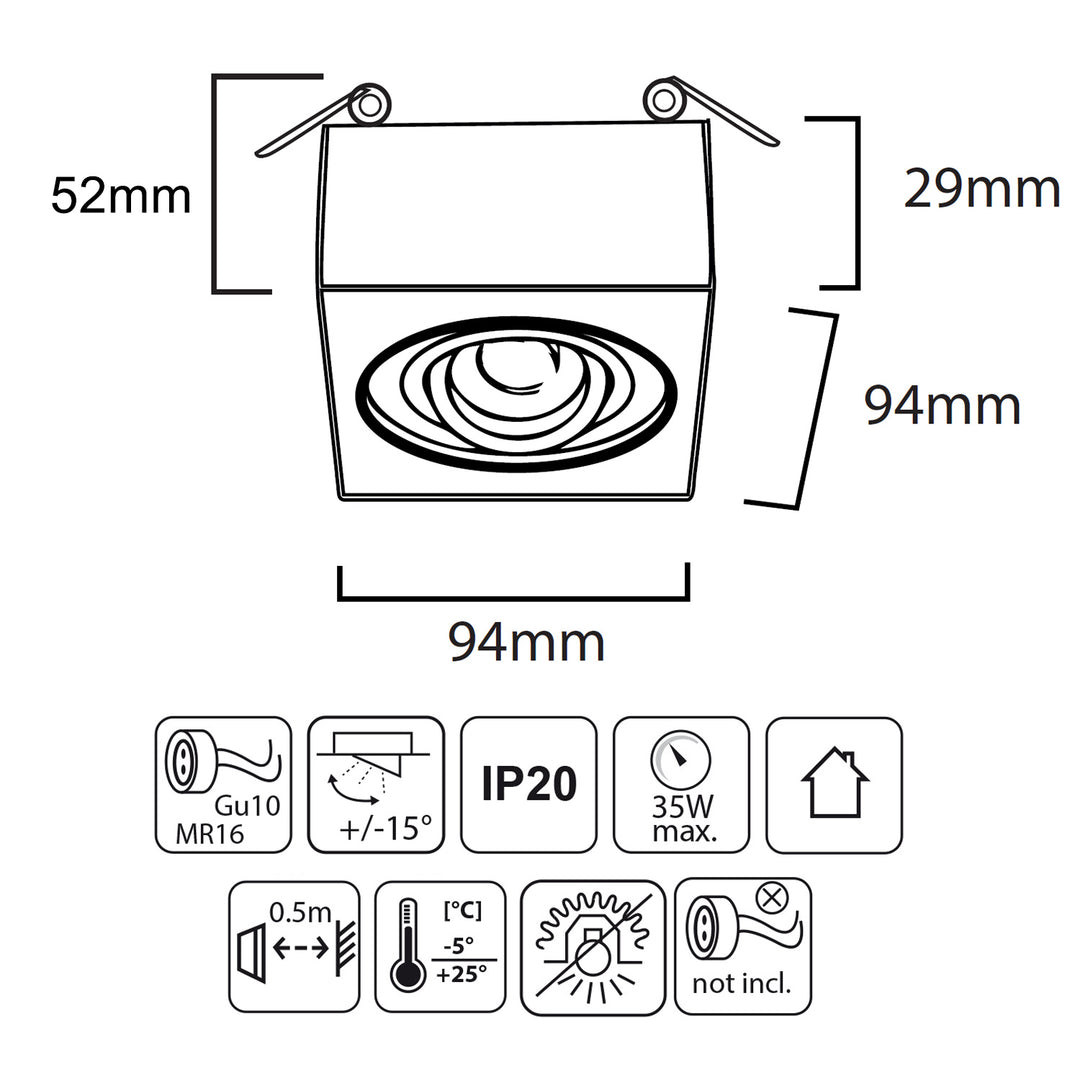 Maclean MCE464B Spot plafonnier/cadre de spot encastrable pour sources lumineuses MR16 / GU10 max.35W IP20 (angulaire, noir)