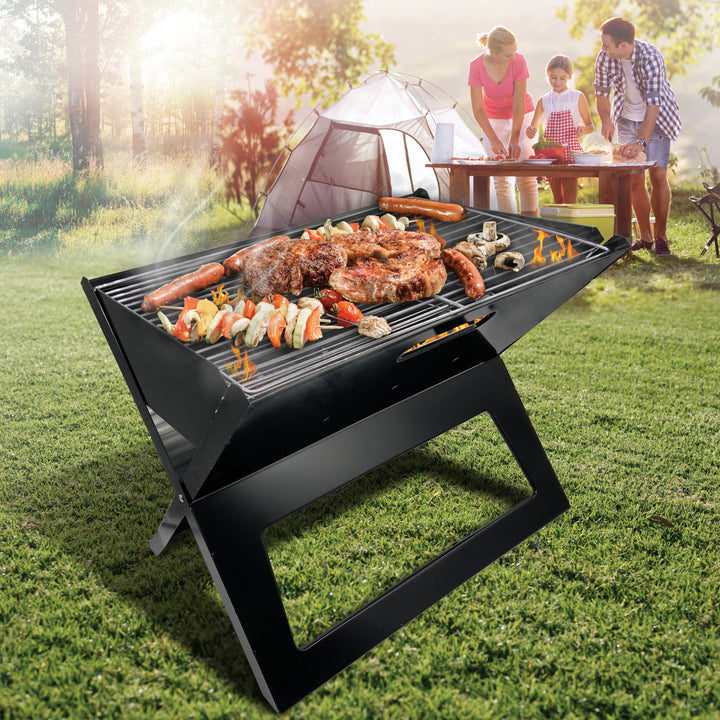 Maestro BBQ grill MR1011 koffergrill met rooster, houtskoolgrill, reisgrill, tafelgrill, campinggrill, draagbaar, opvouwbaar