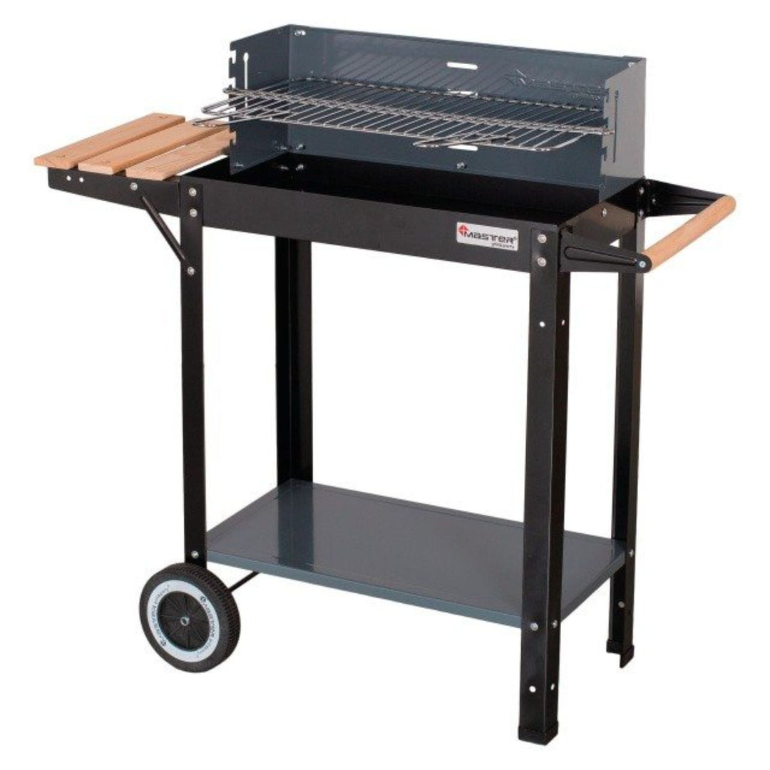 Rechthoekige houtskoolgrill 53 x 27 cm met plank en wieltjes Master Grill