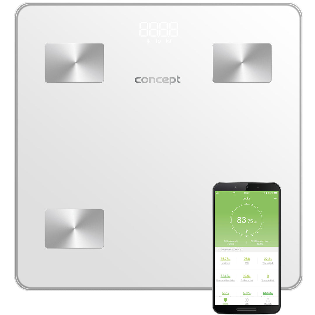 Concept VO4000 Balance de diagnostic en verre Balance personnelle avec application Balance numérique Analyse corporelle Balance de graisse Masse musculaire IMC Affichage LED Bluetooth Poids jusqu'à 180 kg (Blanc)