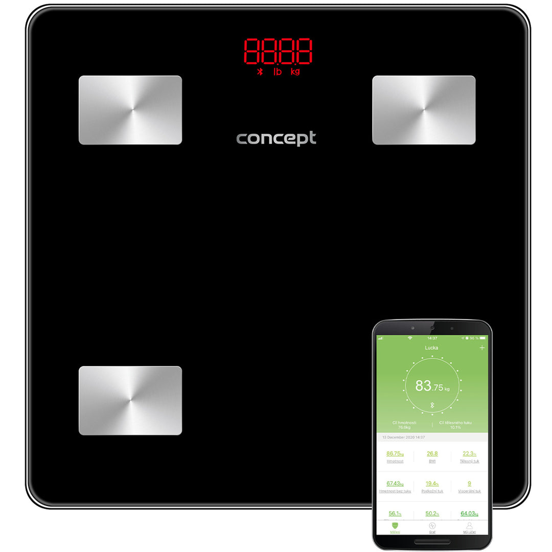 Concept VO4001 Balance de diagnostic en verre Balance personnelle avec application Balance numérique Analyse corporelle Balance de graisse Masse musculaire IMC Affichage LED Bluetooth Poids jusqu'à 180 kg (Noir)