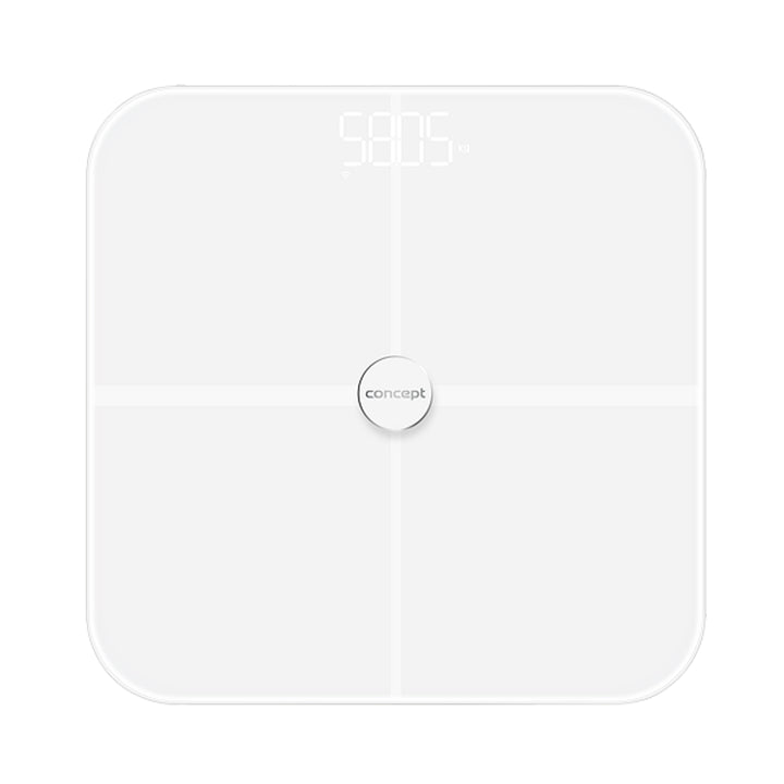 Concept VO4010 Balance de diagnostic en verre Pèse-personne avec application Balance numérique Analyse corporelle BIA Balance de graisse corporelle Masse musculaire IMC Affichage LED Bluetooth Poids jusqu'à 180 kg (blanc)