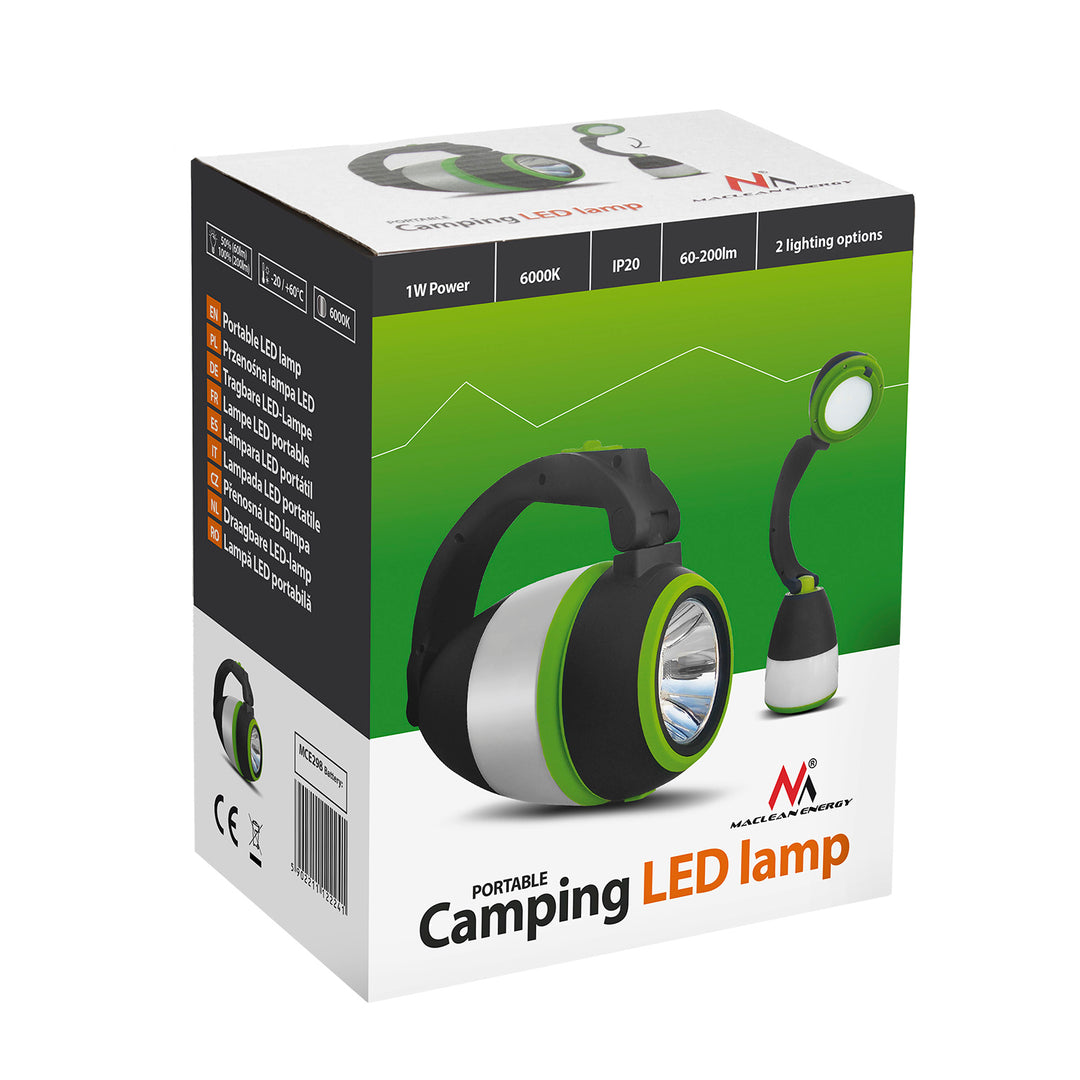 Maclean MCE294 Lampe LED 3 en 1 Lampe de camping Lampe de table Lampe de poche Pliable Extérieur 3 modes d'éclairage 1W 60-200LM blanc froid 6000K IP20 (la batterie fonctionne : 3xAA 1,5V)