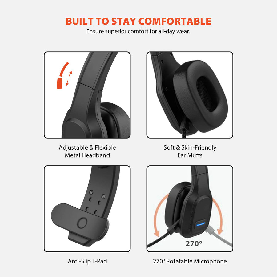Audiocore AC864 Bluetooth-headset met ruisonderdrukkende microfoon voor callcenter-over-ear-koptelefoon 32 uur gesprekstijd Handsfree draadloos Compatibel met Google Assistant en Siri
