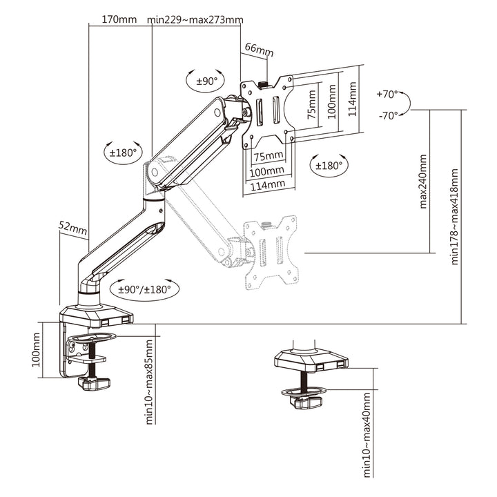 Ergo Office ER-447 1-Weg monitor beugel met gasveer 17 - 32 inch Dubbele arm tafelmontage Monitorarm Draaibaar Kantelbaar Draaibaar VESA 75 x 75 100 x 100 tot 10 kg Aluminium