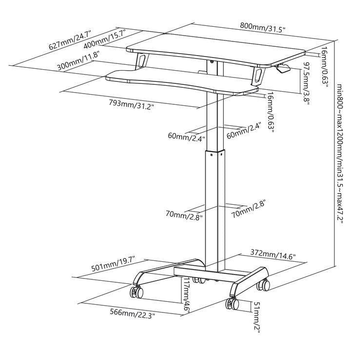 Ergo Office ER-444 In hoogte verstelbaar zit-sta bureau met wielen Werkstation met dubbel platform Belastbaar tot 8kg Gaslift Wit