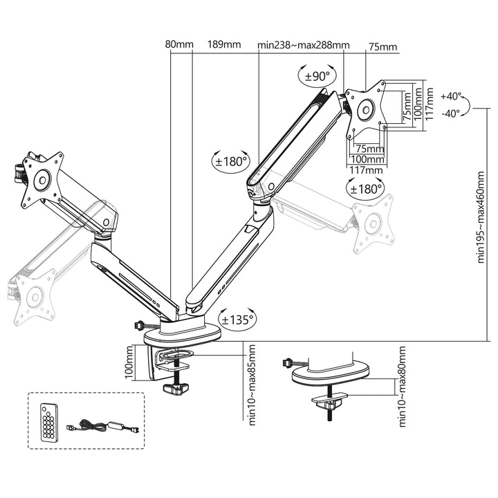 Support pour moniteur de jeu NanoRS à 2 bras 17-32" avec éclairage LED RVB réglable Montage sur table Réglable en hauteur Pivotant Inclinaison Max. 9 kg VESA 75x75/100x100