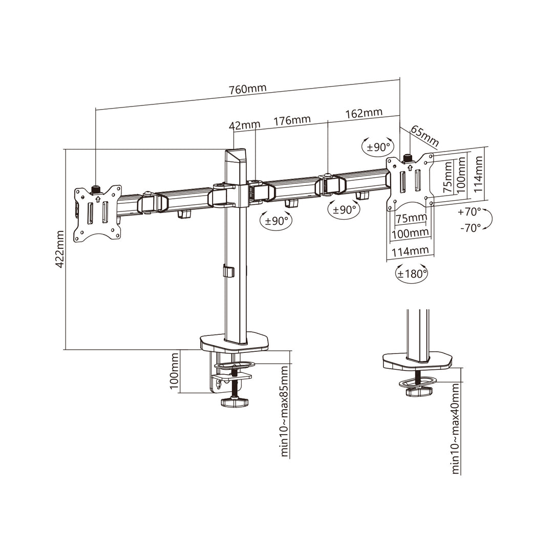 Ergo Office ER-449 Deluxe 2-weg gezamenlijke monitor montage Tafelmontage 17-32 inch Draaibaar Kantelbaar in hoogte verstelbaar Dubbele armen VESA 75x75 100x100 tot 2x9kg