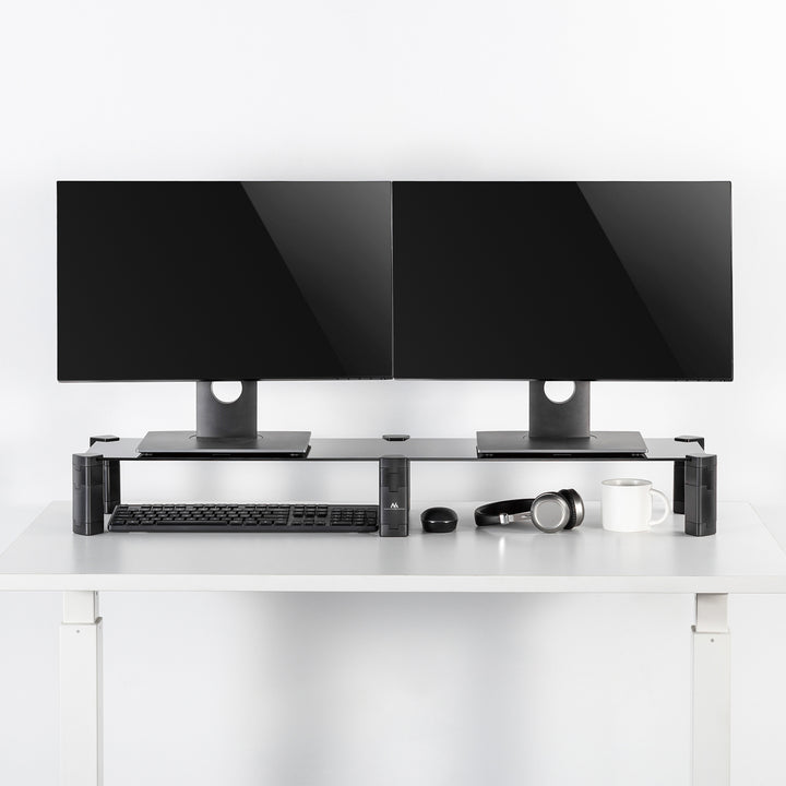 Maclean MC-936 Dual Monitor Stand In hoogte verstelbare Laptopstandaard voor 2 monitoren Gehard glas Monitorverhoger Laptopmonitorstandaard tot 20kg