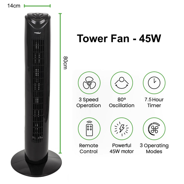 GreenBlue - Kolomventilator met afstandsbediening | 3 snelheden - 80° oscillatie | 45W - Timer - Hoogte 82 cm GB645
