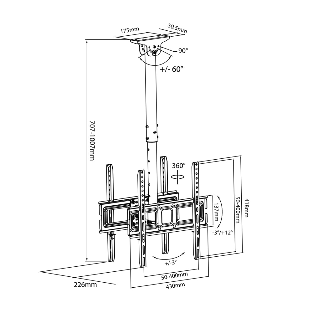 Maclean - Support de plafond pour VESA 400x400, 32"-50" / distance du plafond 717-1017mm / max 35kg