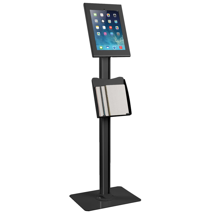 Maclean MC-867 Tablethouder Vloerstandaard met brochurehouder Tablet Station Compatibel met 12,9 "iPad Pro (Gen3) (Zwart)