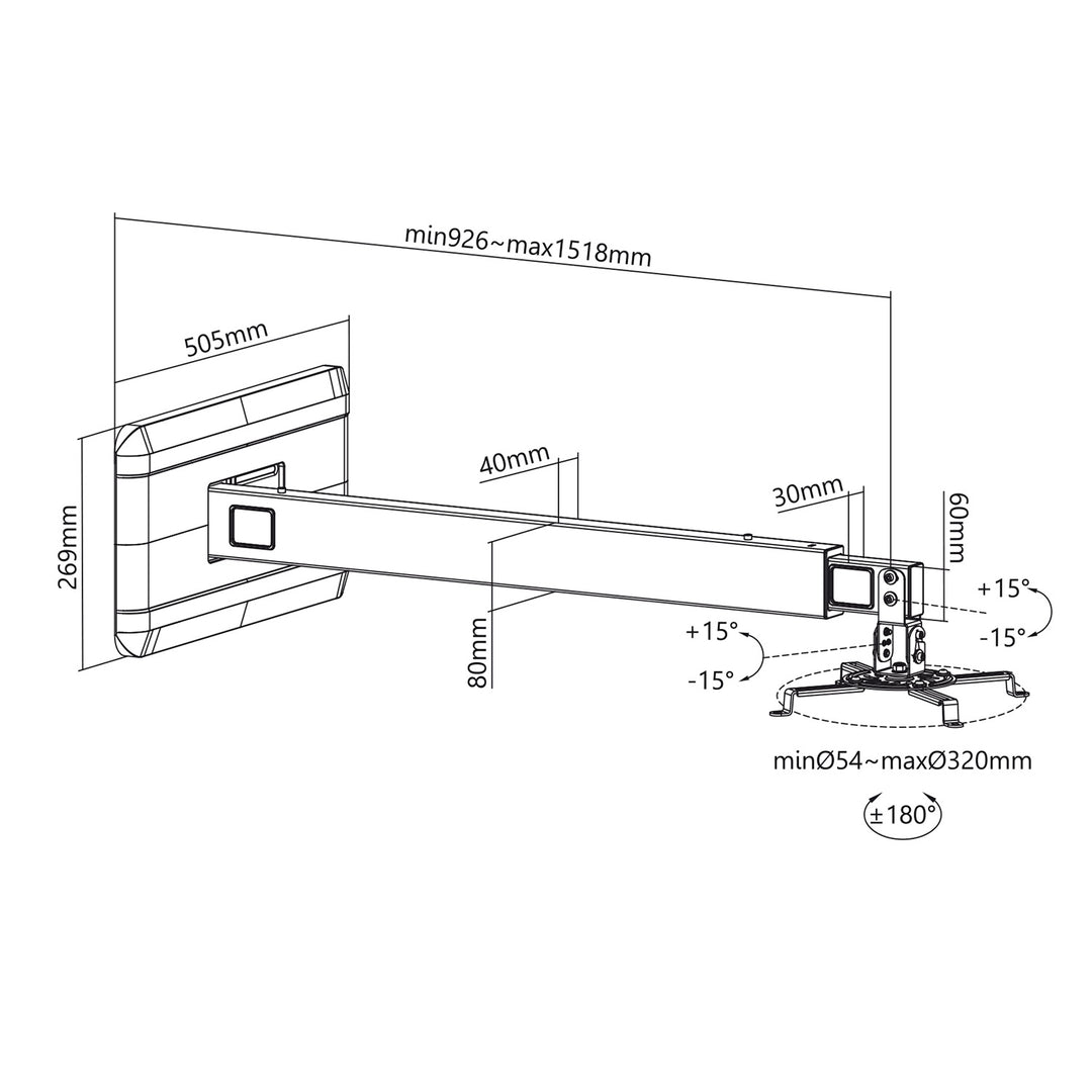 Maclean MC-945 Support pour projecteur à courte focale Support mural Gestion des câbles Support universel rotatif à 360° pour vidéoprojecteurs jusqu'à 15 kg