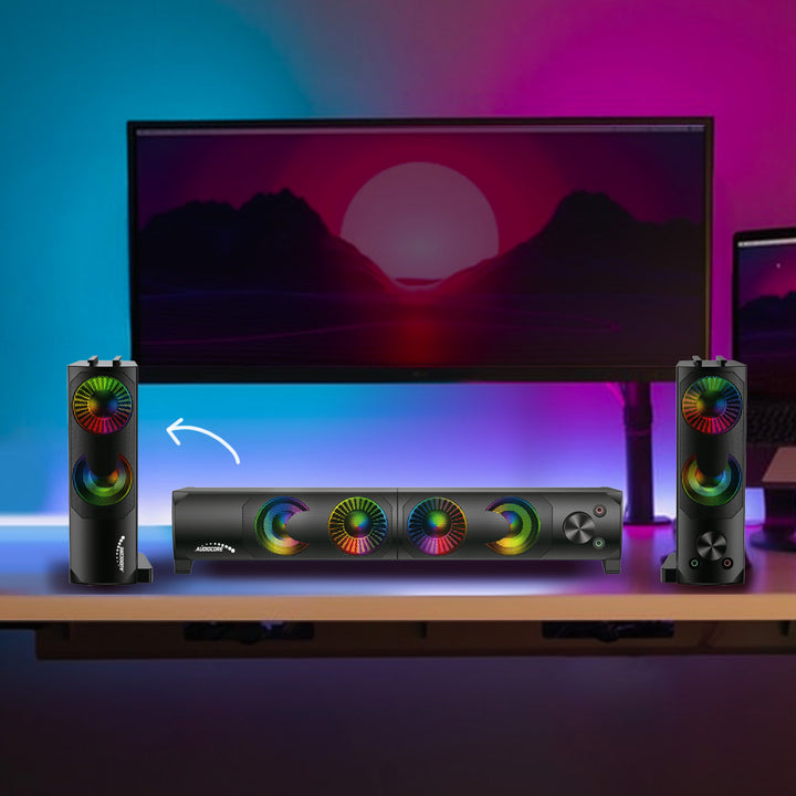 Audiocore AC955 2 in 1 2.0 PC-luidsprekers met Soundbar-functie RGB-achtergrondverlichting Stereoluidsprekers 2x3W RMS AUX 3,5 mm USB-voeding