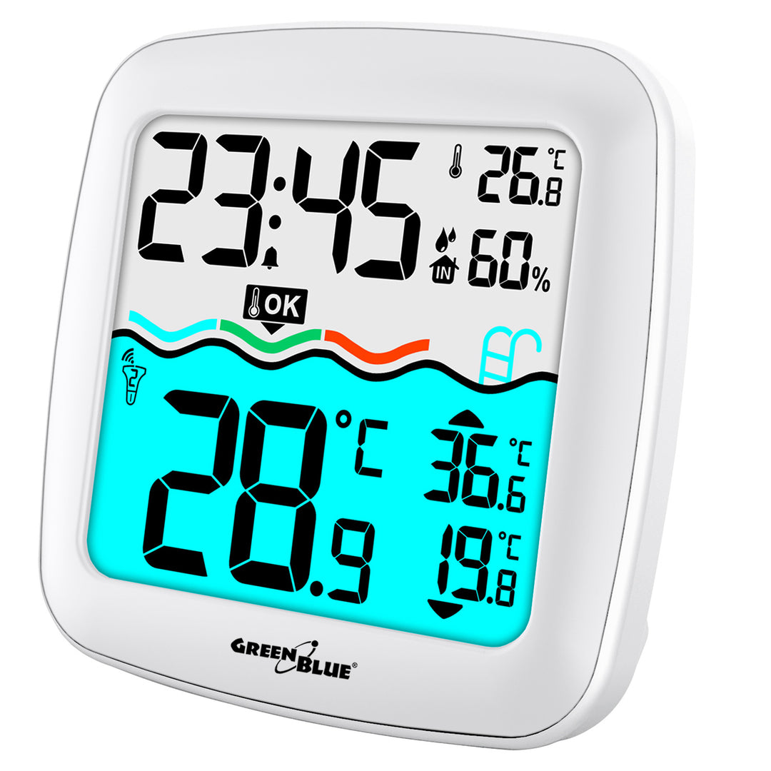 GreenBlue GB216 Digitale draadloze zwembadthermometer met weerstation Temperatuurstation met zwembadthermometer Binnentemperatuur Watertemperatuur Drijvende thermometer Pool SPA DCF-radioklokfunctie