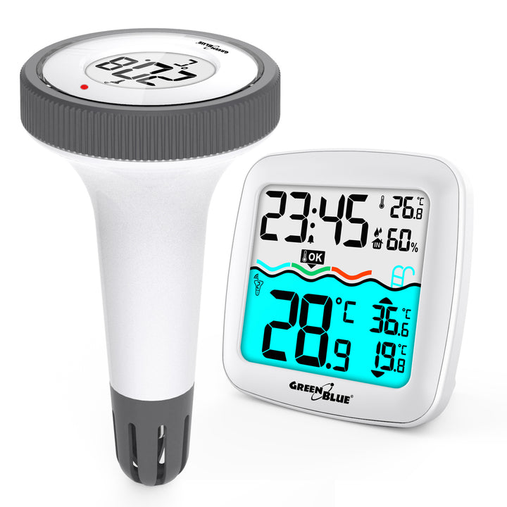 GreenBlue GB216 Thermomètre de piscine numérique sans fil avec station météo Station de température avec thermomètre de piscine Température intérieure Température de l'eau Thermomètre flottant Piscine SPA Fonction radio-horloge DCF