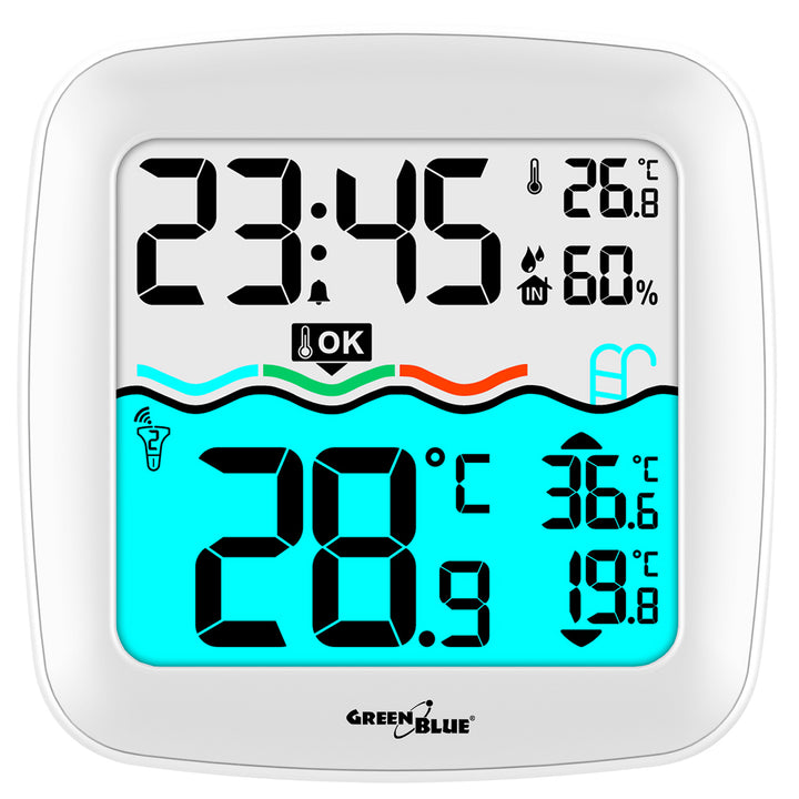 GreenBlue GB216 Thermomètre de piscine numérique sans fil avec station météo Station de température avec thermomètre de piscine Température intérieure Température de l'eau Thermomètre flottant Piscine SPA Fonction radio-horloge DCF