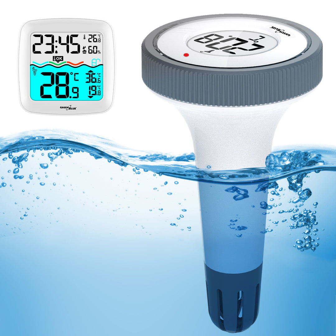 GreenBlue GB216 Thermomètre de piscine numérique sans fil avec station météo Station de température avec thermomètre de piscine Température intérieure Température de l'eau Thermomètre flottant Piscine SPA Fonction radio-horloge DCF