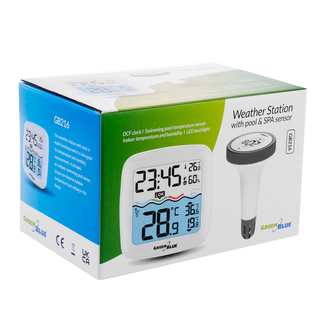 GreenBlue GB216 Thermomètre de piscine numérique sans fil avec station météo Station de température avec thermomètre de piscine Température intérieure Température de l'eau Thermomètre flottant Piscine SPA Fonction radio-horloge DCF