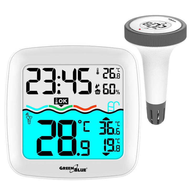 GreenBlue GB216 Thermomètre de piscine numérique sans fil avec station météo Station de température avec thermomètre de piscine Température intérieure Température de l'eau Thermomètre flottant Piscine SPA Fonction radio-horloge DCF