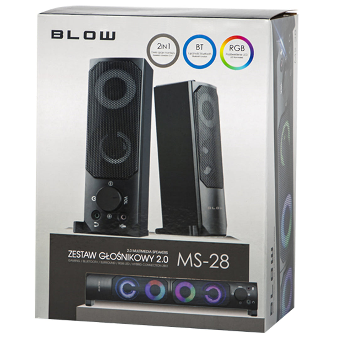 Blow MS-28 2-in-1 Bluetooth-luidspreker 2.0 Pc-luidspreker met soundbar-functie LED RGB-achtergrondverlichting Stereoluidspreker 2x3W RMS 2x2 AUX 3,5 mm USB-voeding