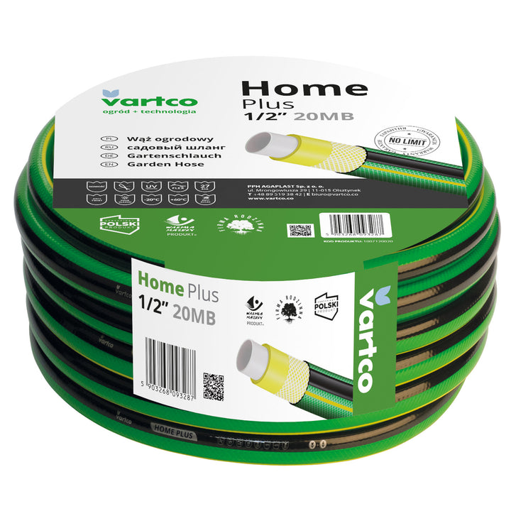 Vartco - Tuyau d'arrosage anti-torsion 4 plis 1/2" 20 m | Tuyau flexible en polyester tressé croisé résistant aux UV 27 bar