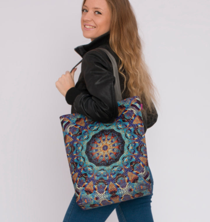 Zonnige schoudertas met rits - Dames shopper 36x40 cm (past A4) tote bag stoffen tas met motief Barcelona