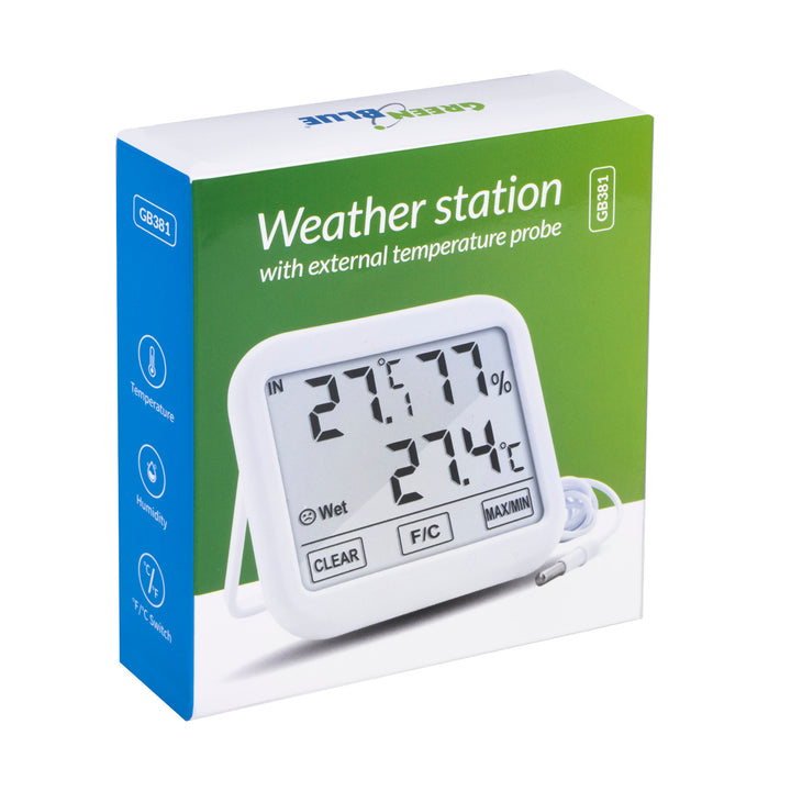 Green Blue GB381 Weerstation met buitenvoeler, kabellengte 1,5 m, comfortdisplay, thermometer, hygrometer, vochtigheidsmeting, buiten- en binnentemperatuur