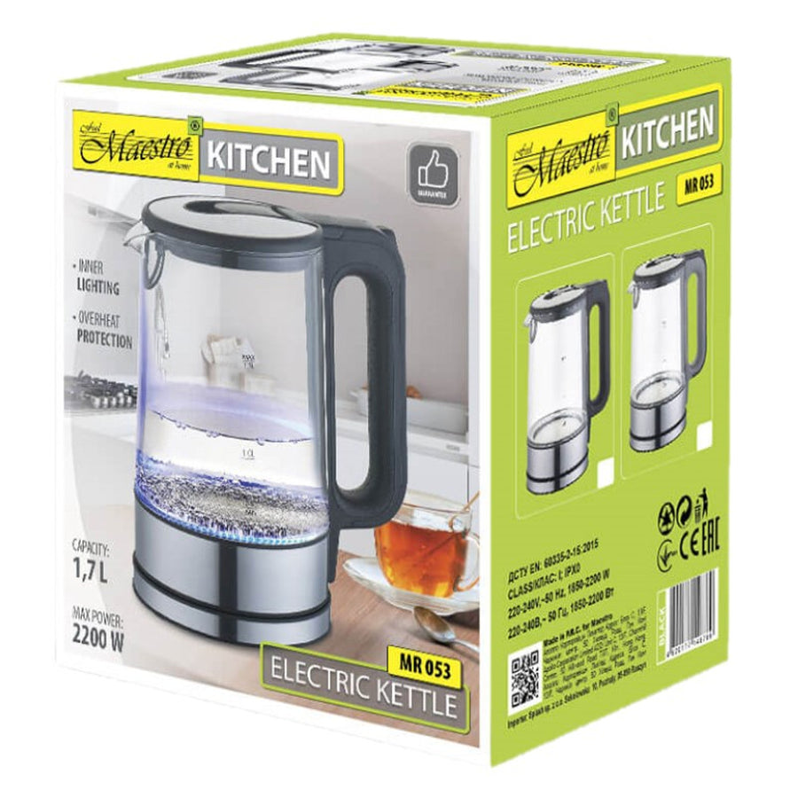 MAESTRO MR-053 Snoerloze Elektrische Waterkoker 1.7L Glas & Roestvrij staal Verlicht 2200W
