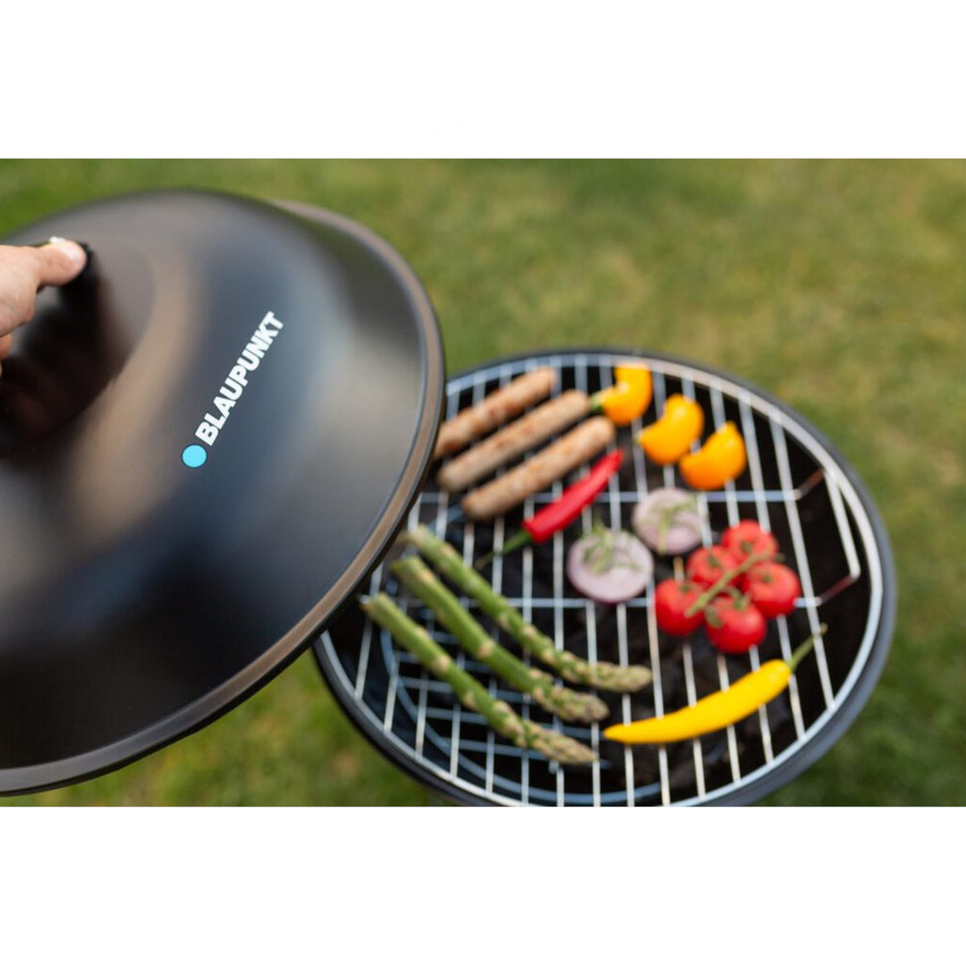 Blaupunkt GC401 Houtskoolgrill op wielen Ronde grillstandaard grill Tuingrill grillwagen met onderste plank 41cm diameter BBQ-thermometer in het deksel