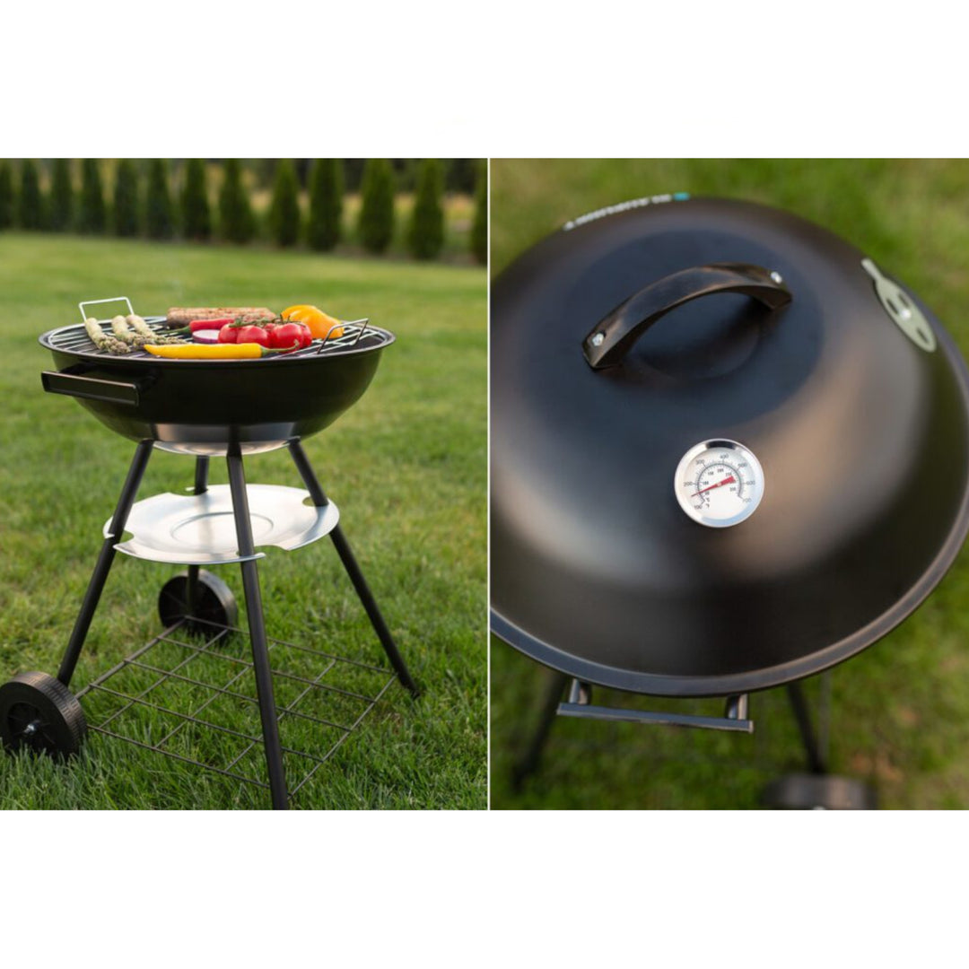 Blaupunkt GC401 Houtskoolgrill op wielen Ronde grillstandaard grill Tuingrill grillwagen met onderste plank 41cm diameter BBQ-thermometer in het deksel