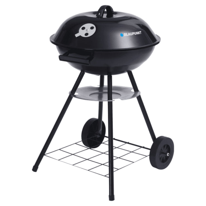 Blaupunkt GC401 Houtskoolgrill op wielen Ronde grillstandaard grill Tuingrill grillwagen met onderste plank 41cm diameter BBQ-thermometer in het deksel