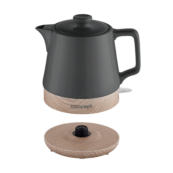 CONCEPT RK0061 UK Elektrische Keramische Waterkoker 1.0L Antraciet & Houtdesign Scandinavische stijl 1200W Theepot Snoerloos