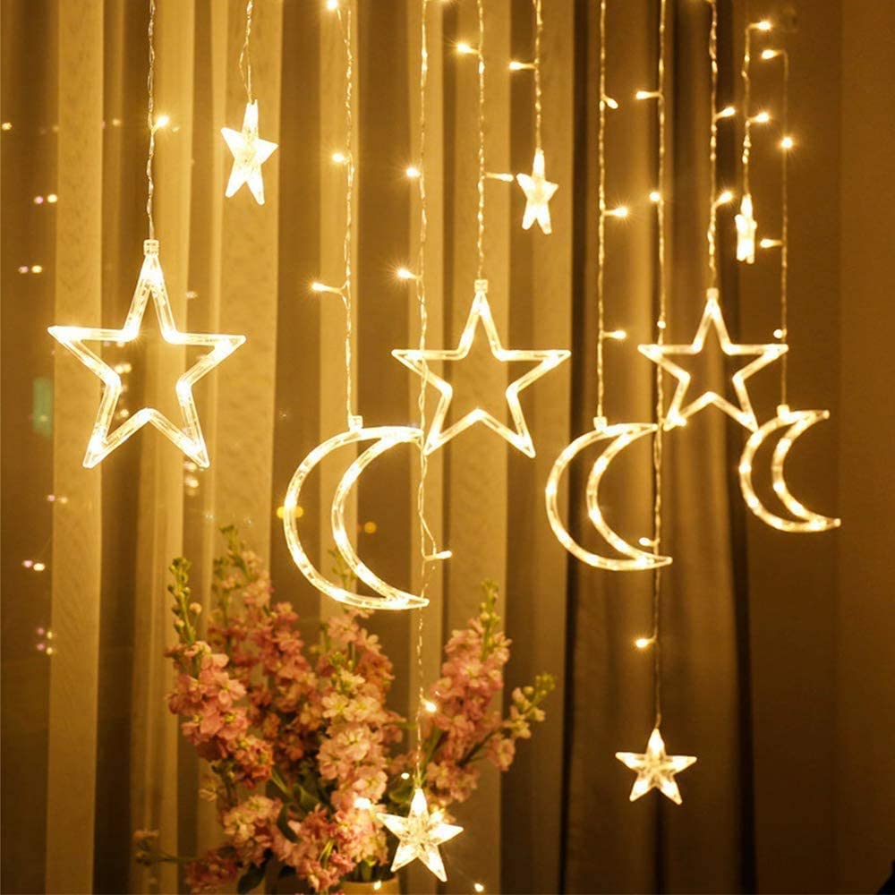 Maclean MCE418 Guirlandes de Noël LED avec Lune et Étoiles Rideaux de Noël 120 LED 3000 K Blanc Chaud 3 W Lumières de Noël 5,2 m