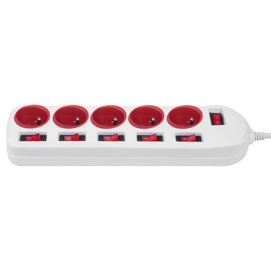Maclean stekkerdoos, verlengkabel met 5 stopcontacten, met schakelaars, 250VAC/10A, 1,5m, MCE204 R/W